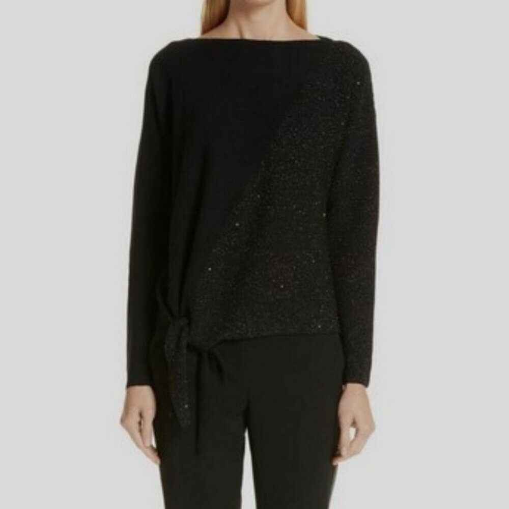 Lafayette 148 Tie- Front Silk-Blend Pullover Sweater Metallic Gold Size Small
